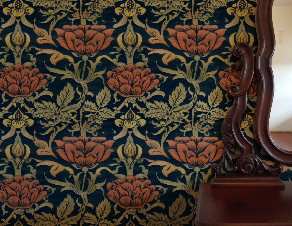 William Morris Rose And Lily Navy wallpaper on a wall — Lifestyle 3 scene