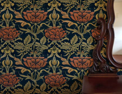 William Morris Rose And Lily Navy wallpaper on a wall — Lifestyle 3 scene