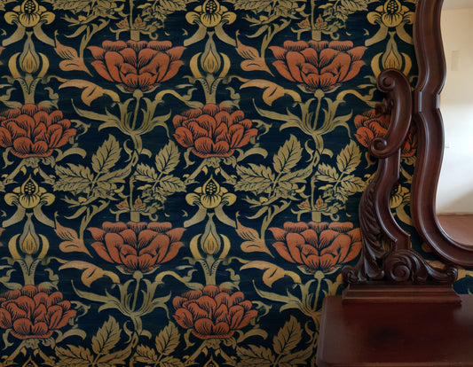 William Morris Rose And Lily Navy wallpaper on a wall — Lifestyle 3 scene