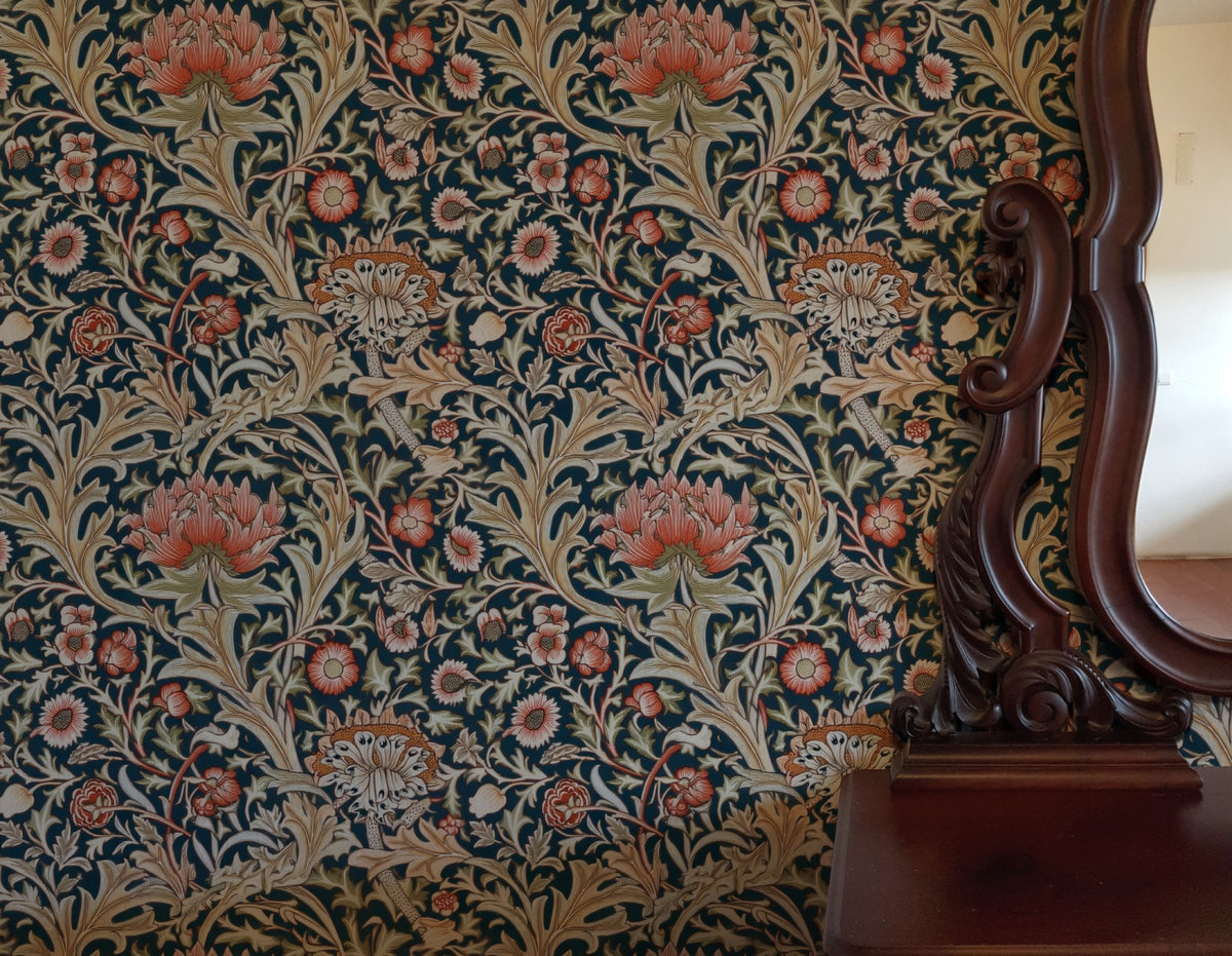 William Morris Trent Navy wallpaper on a wall — Lifestyle 3 scene