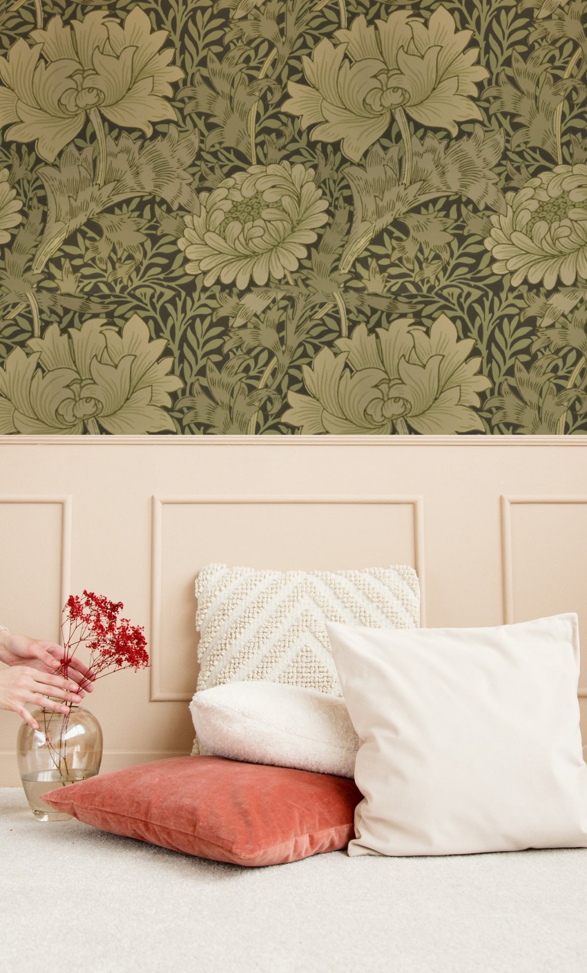 William Morris Chrysanthemum Olive wallpaper on a wall — Lifestyle 4 scene