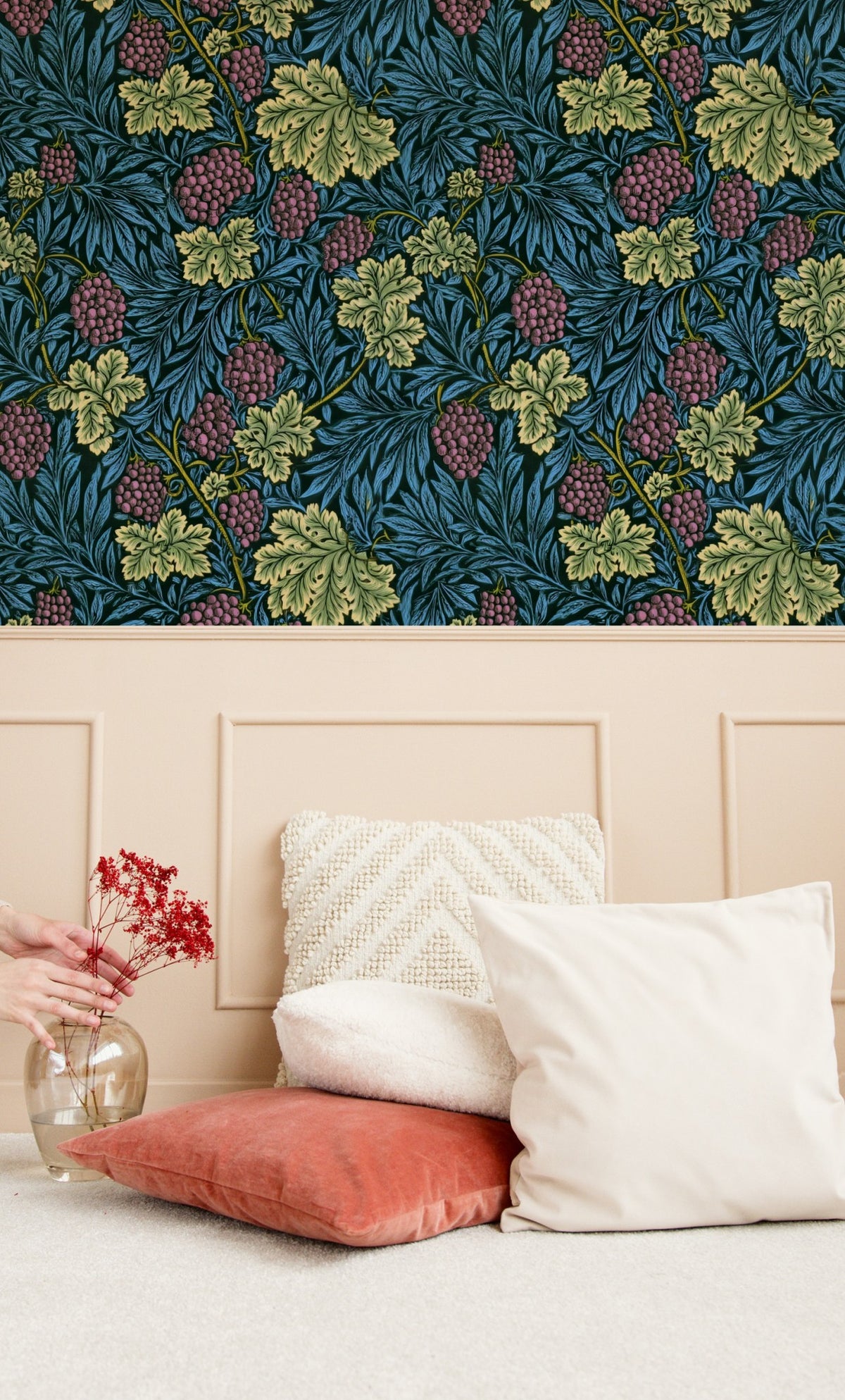 William Morris Vine Teal wallpaper on a wall — Lifestyle 4 scene