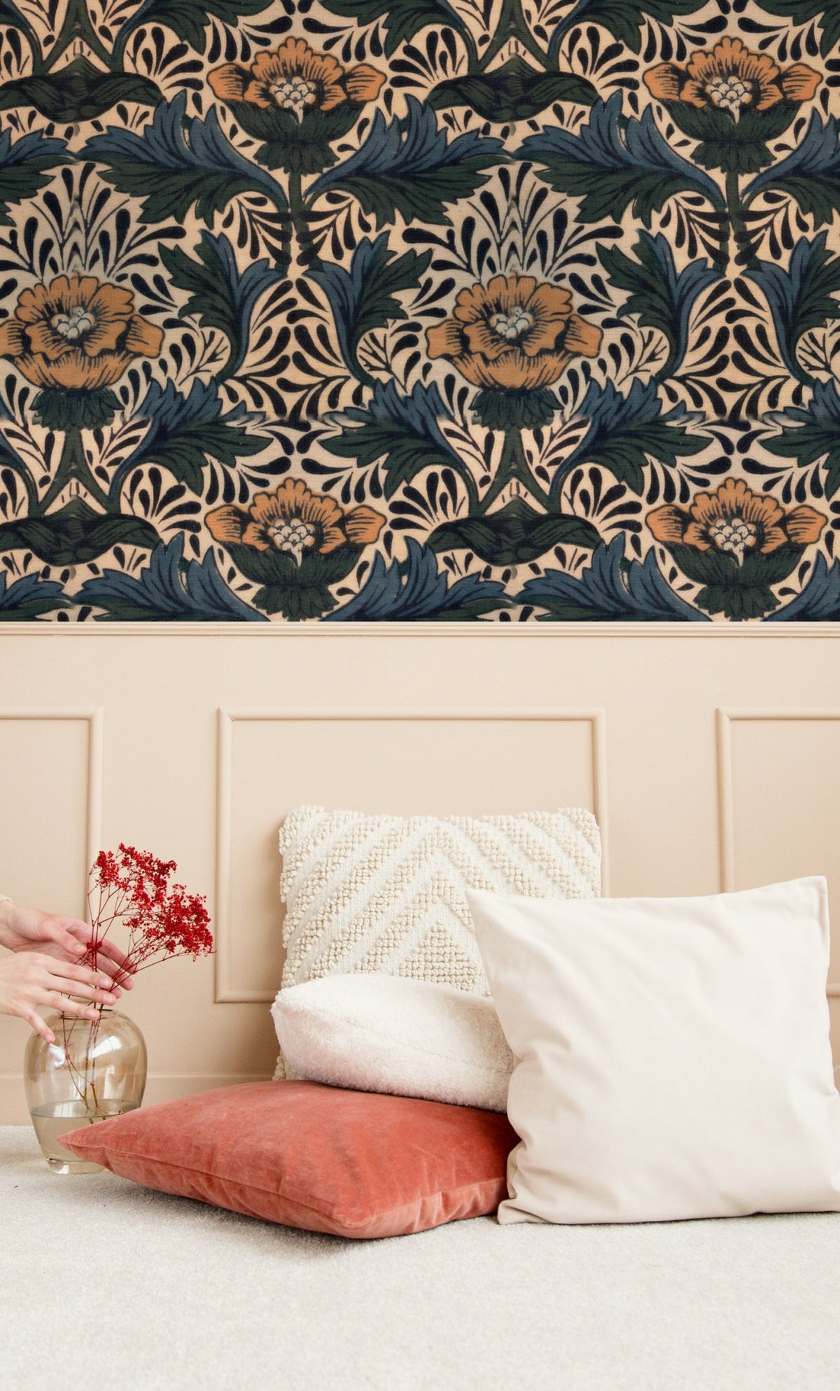 William Morris Peony Navy wallpaper on a wall — Lifestyle 4 scene
