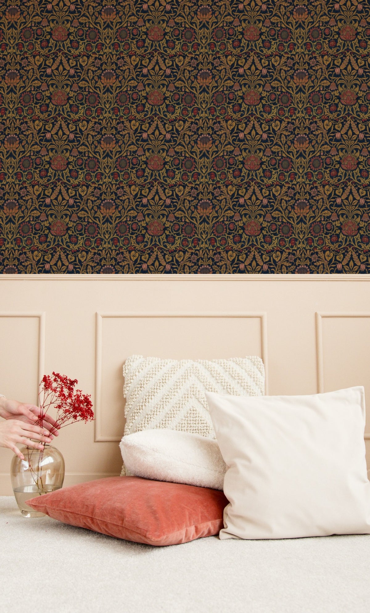 William Morris Violet And Columbine Navy wallpaper on a wall — Lifestyle 4 scene