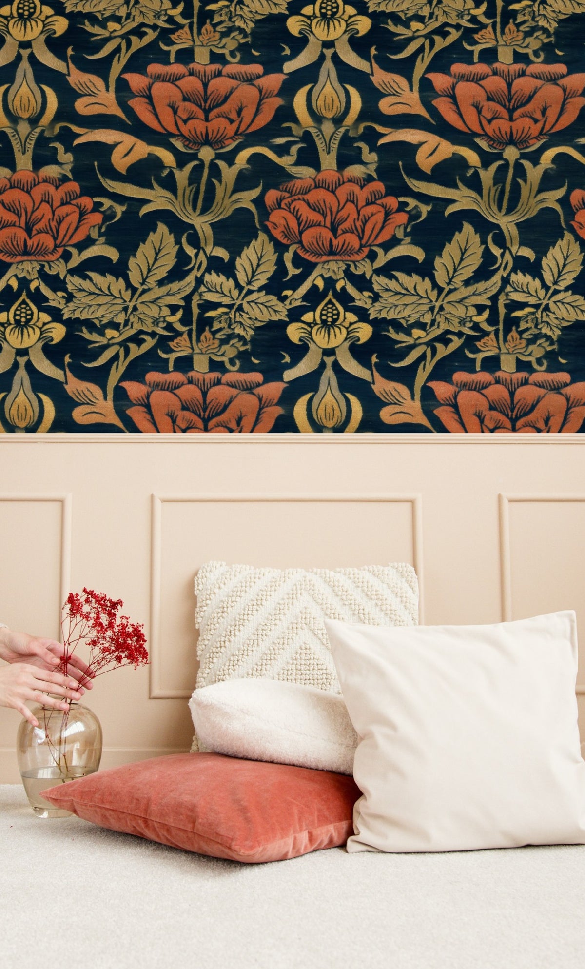 William Morris Rose And Lily Navy wallpaper on a wall — Lifestyle 4 scene