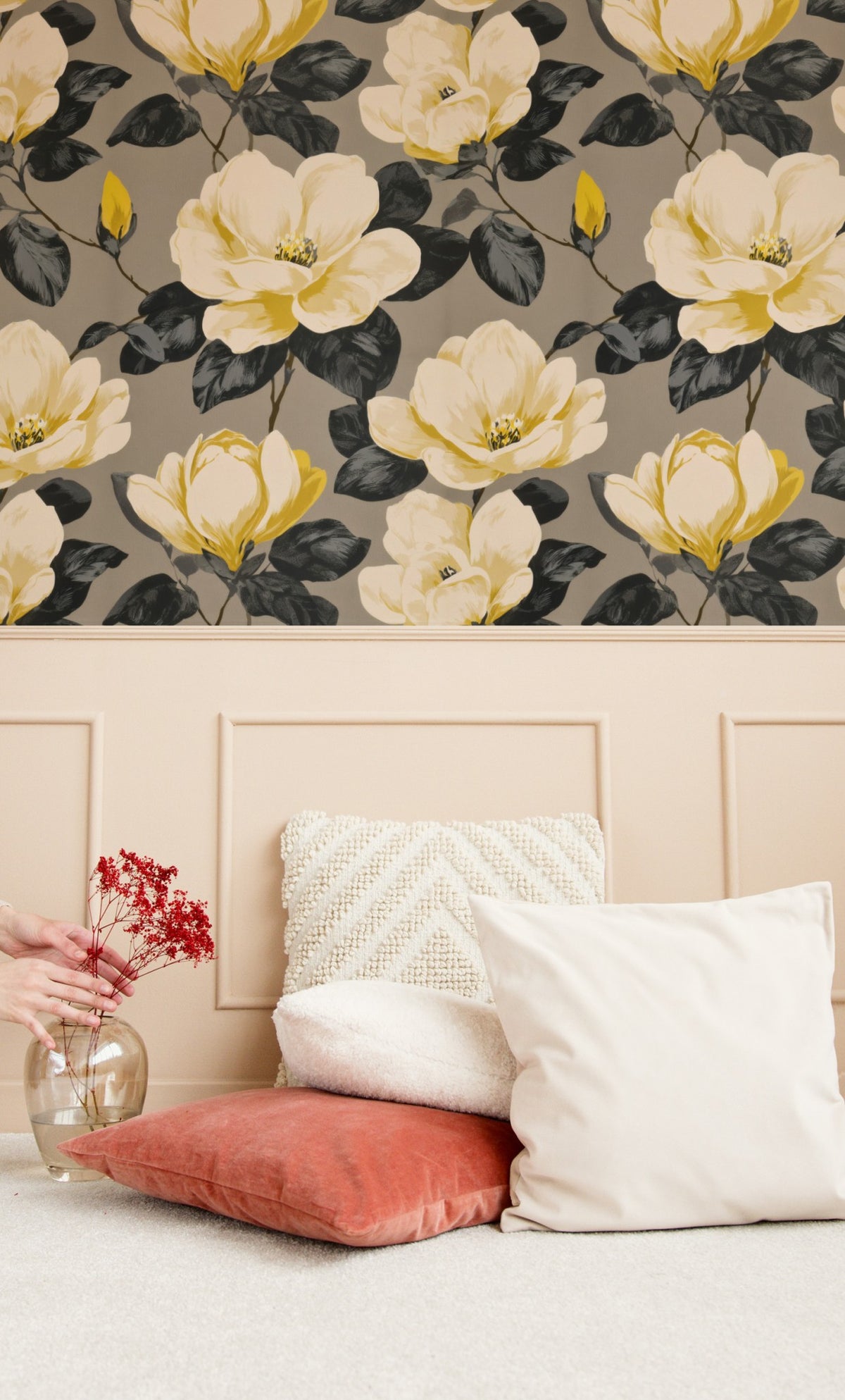 Graphite Magnolia wallpaper shown on a wall — Lifestyle 4 scene