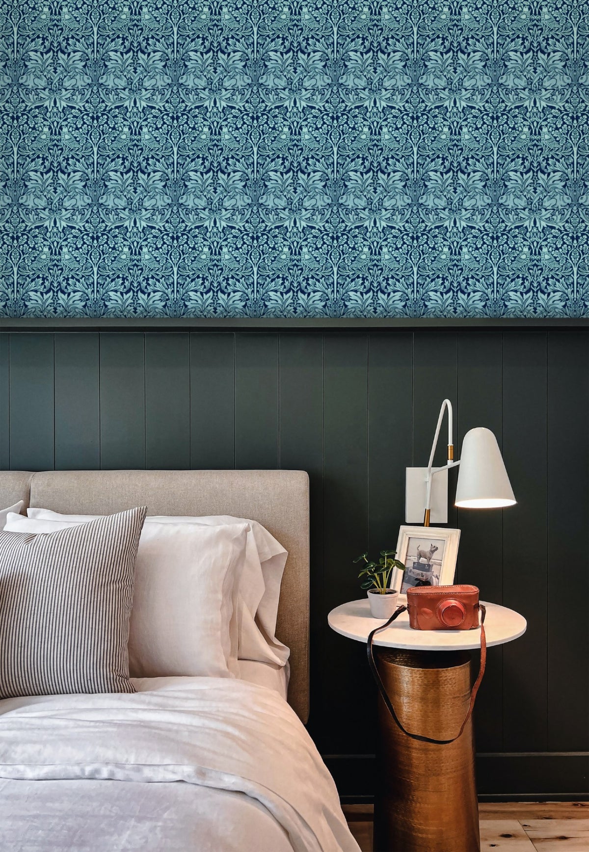 William Morris Brother Rabbit Blue wallpaper on a wall — Lifestyle 5 scene