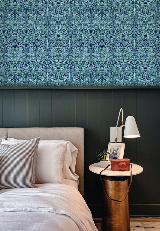 William Morris Brother Rabbit Blue wallpaper on a wall — Lifestyle 5 scene