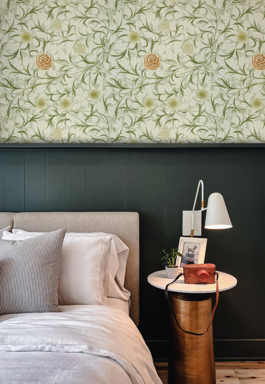 William Morris Scroll And Flower Sage wallpaper on a wall — Lifestyle 5 scene
