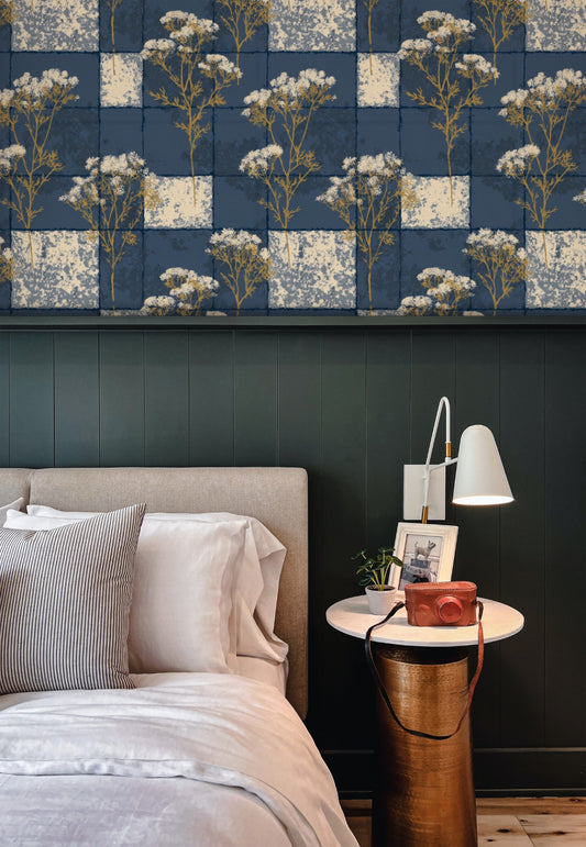 Indigo Patchwork wallpaper shown on a wall — Lifestyle 5 scene