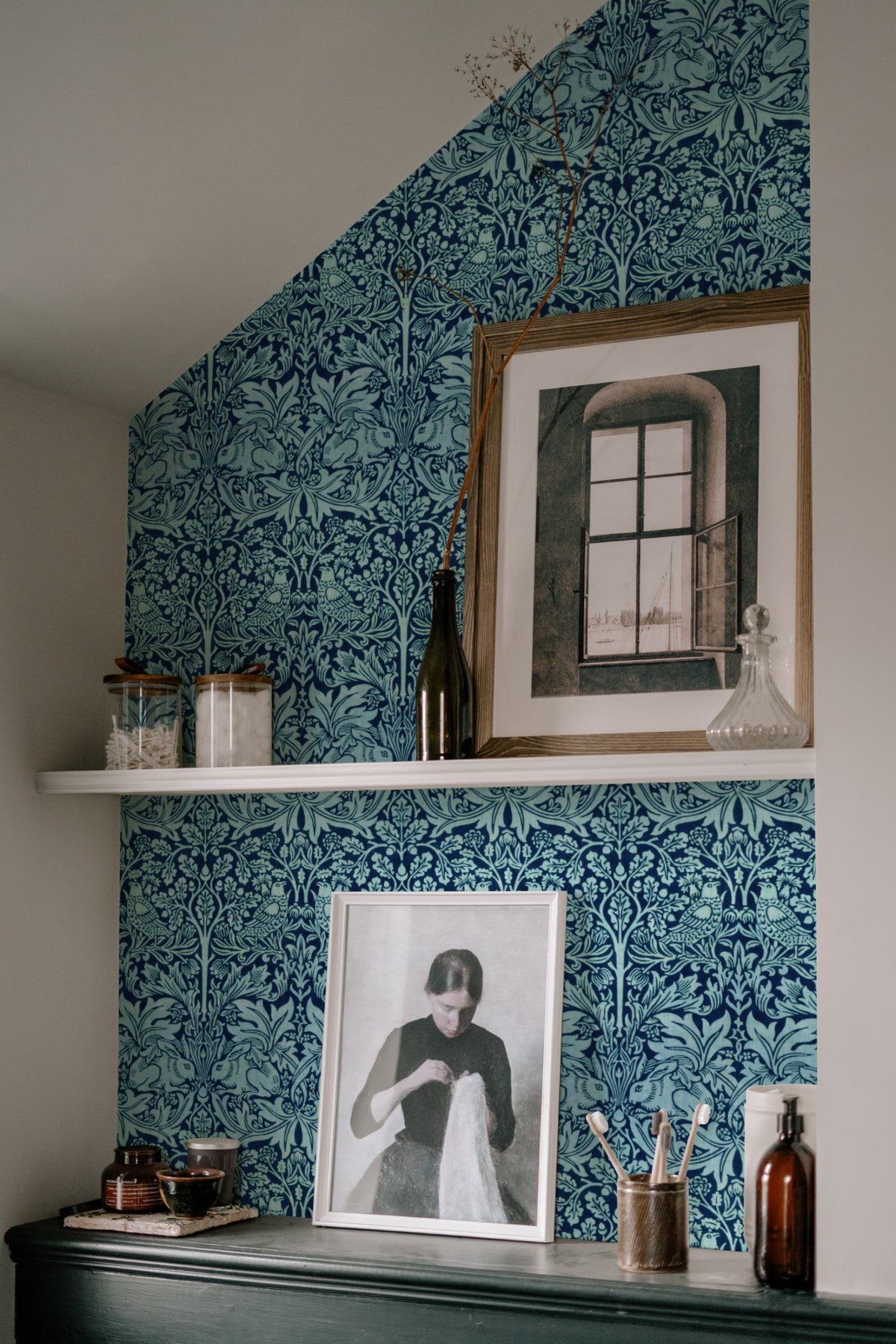 William Morris Brother Rabbit Blue wallpaper on a wall — Lifestyle 7 scene