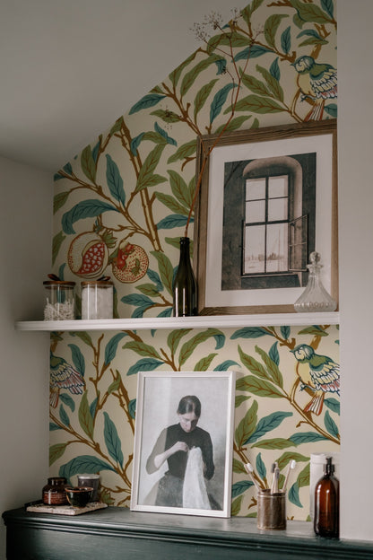 William Morris Bird And Pomegranate Cream wallpaper on a wall — Lifestyle 7 scene