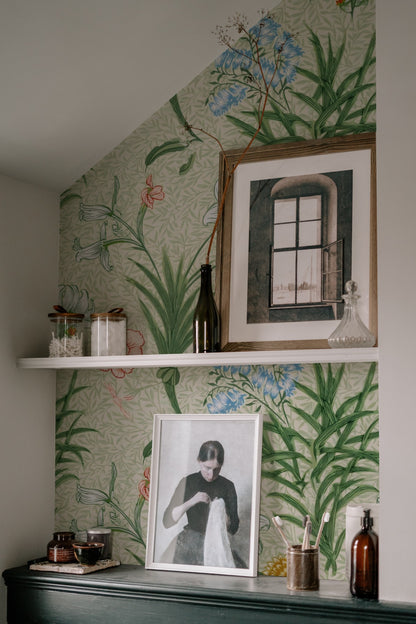 William Morris Lily Sage wallpaper on a wall — Lifestyle 7 scene