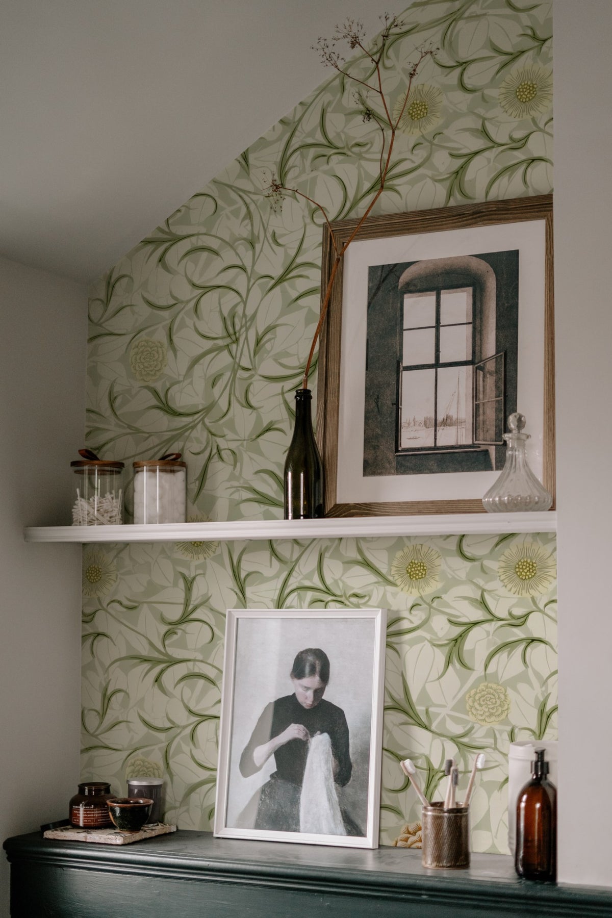 William Morris Scroll And Flower Sage wallpaper on a wall — Lifestyle 7 scene