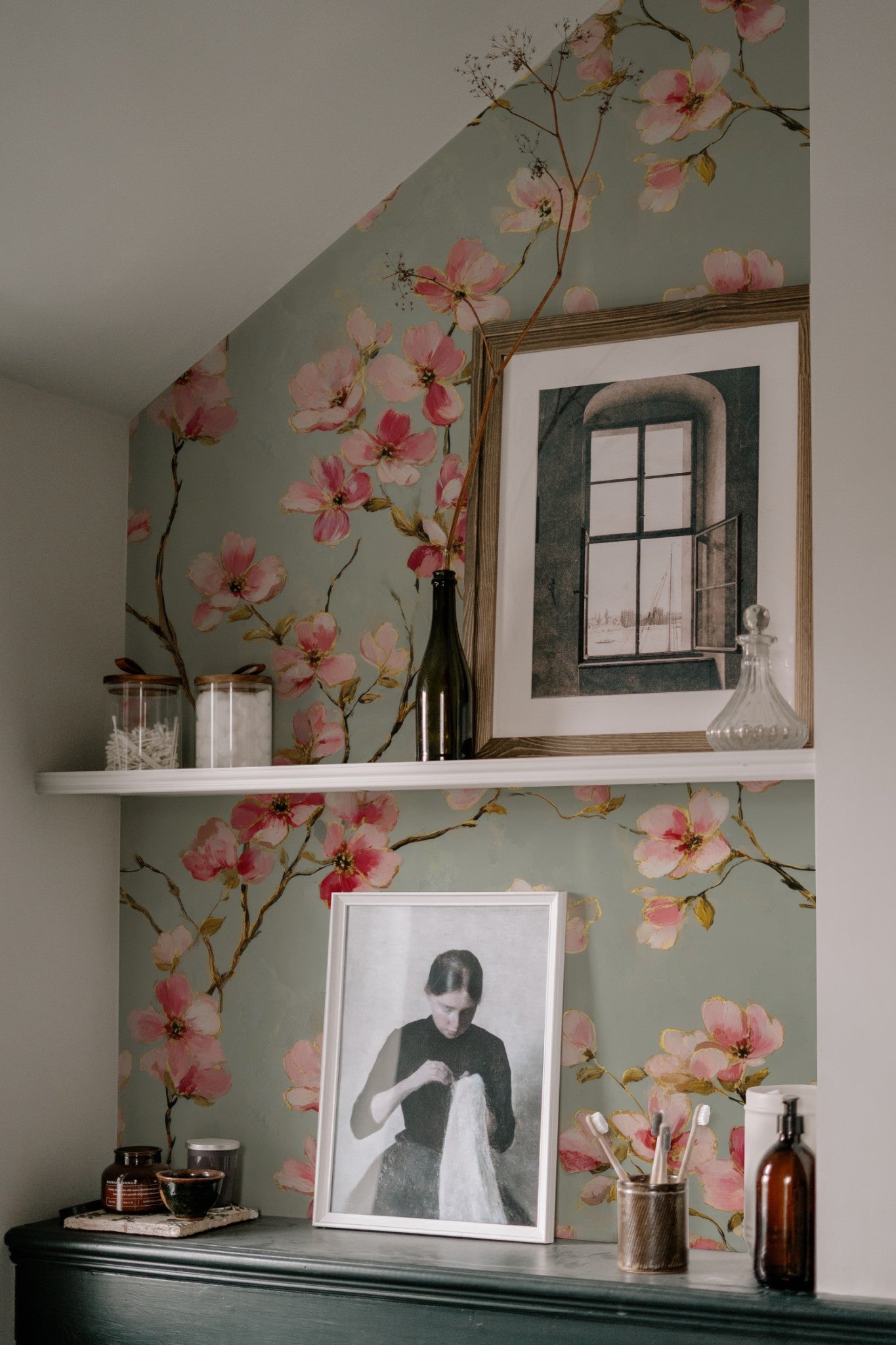 Sage Dogwood wallpaper shown on a wall — Lifestyle 7 scene