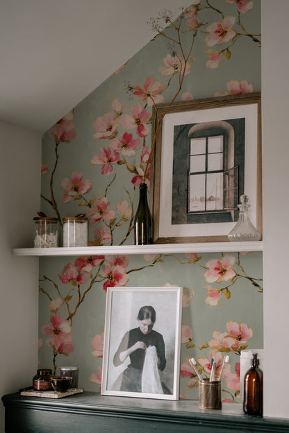 Sage Dogwood wallpaper shown on a wall — Lifestyle 7 scene