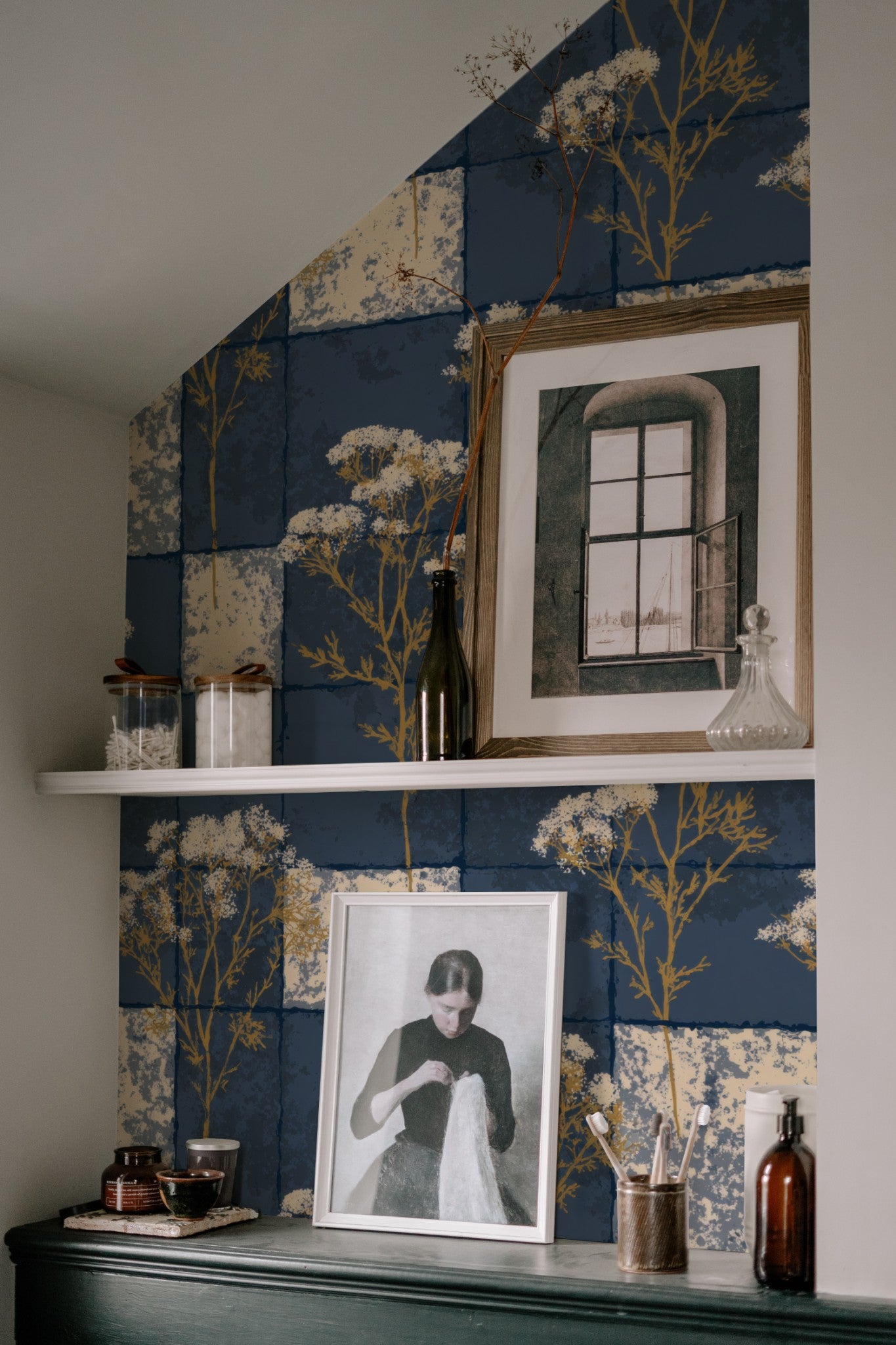 Indigo Patchwork wallpaper shown on a wall — Lifestyle 7 scene