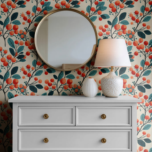 Orchard Berry wallpaper on a wall — Mirror above Dresser scene