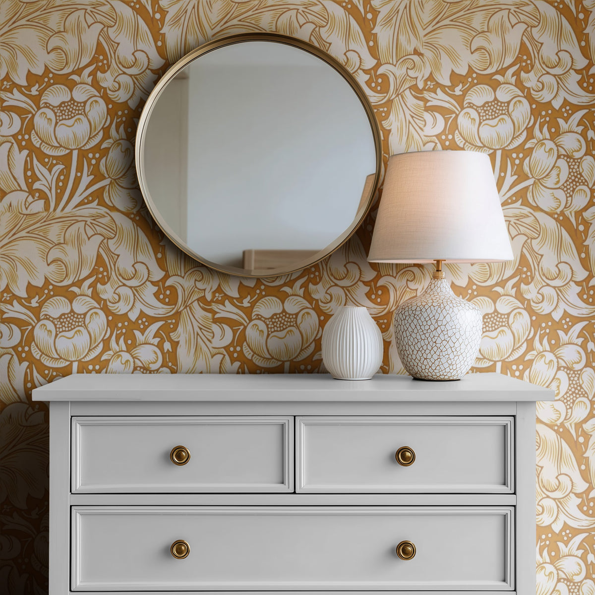 William Morris Bachelors Button Gold wallpaper on a wall — Mirror above Dresser scene