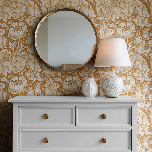 William Morris Bachelors Button Gold wallpaper on a wall — Mirror above Dresser scene