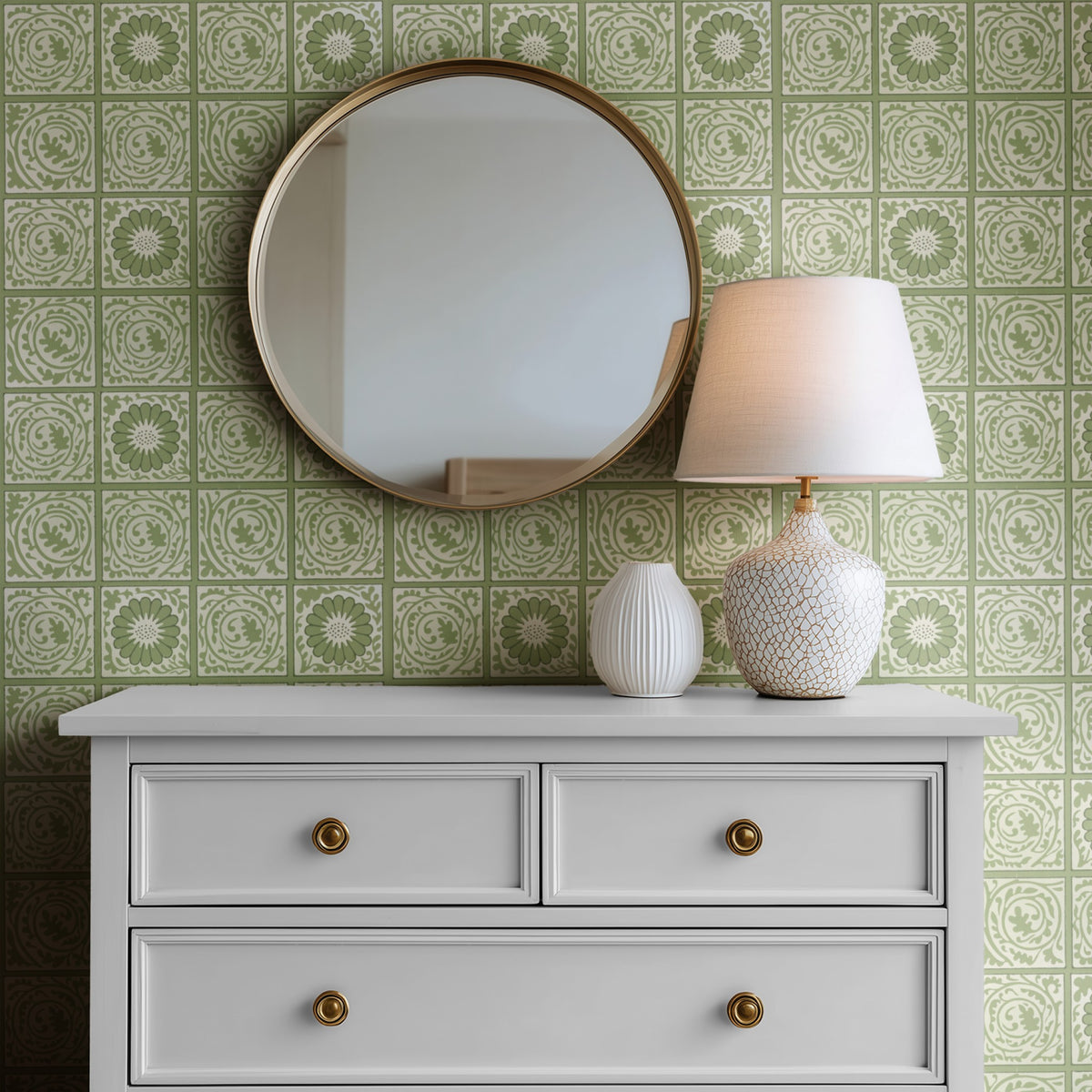 William Morris Diaper Green wallpaper on a wall — Mirror above Dresser scene