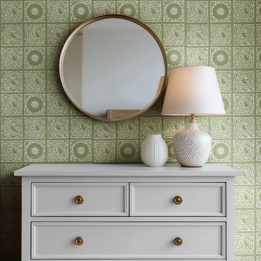 William Morris Diaper Green wallpaper on a wall — Mirror above Dresser scene