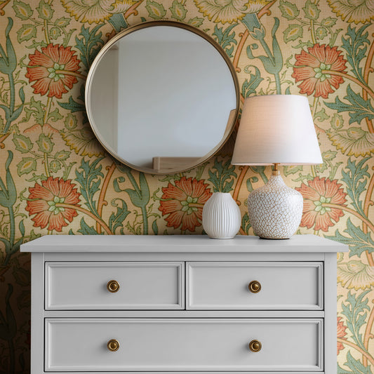 William Morris Pink And Rose Gold wallpaper on a wall — Mirror above Dresser scene