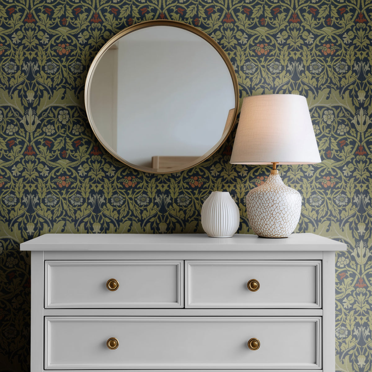 William Morris Campion Navy wallpaper on a wall — Mirror above Dresser scene