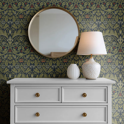 William Morris Campion Navy wallpaper on a wall — Mirror above Dresser scene