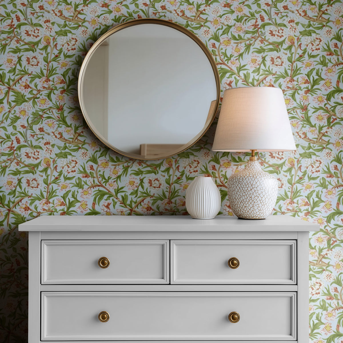 William Morris Blossom Sky wallpaper on a wall — Mirror above Dresser scene