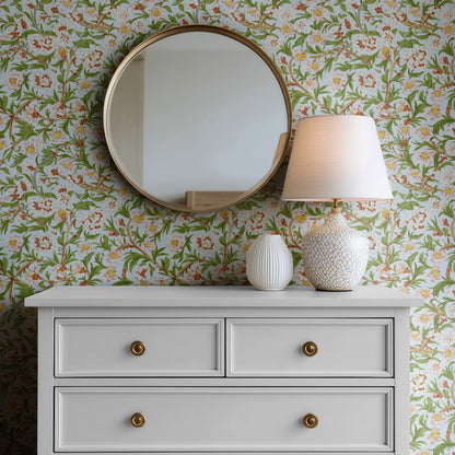 William Morris Blossom Sky wallpaper on a wall — Mirror above Dresser scene
