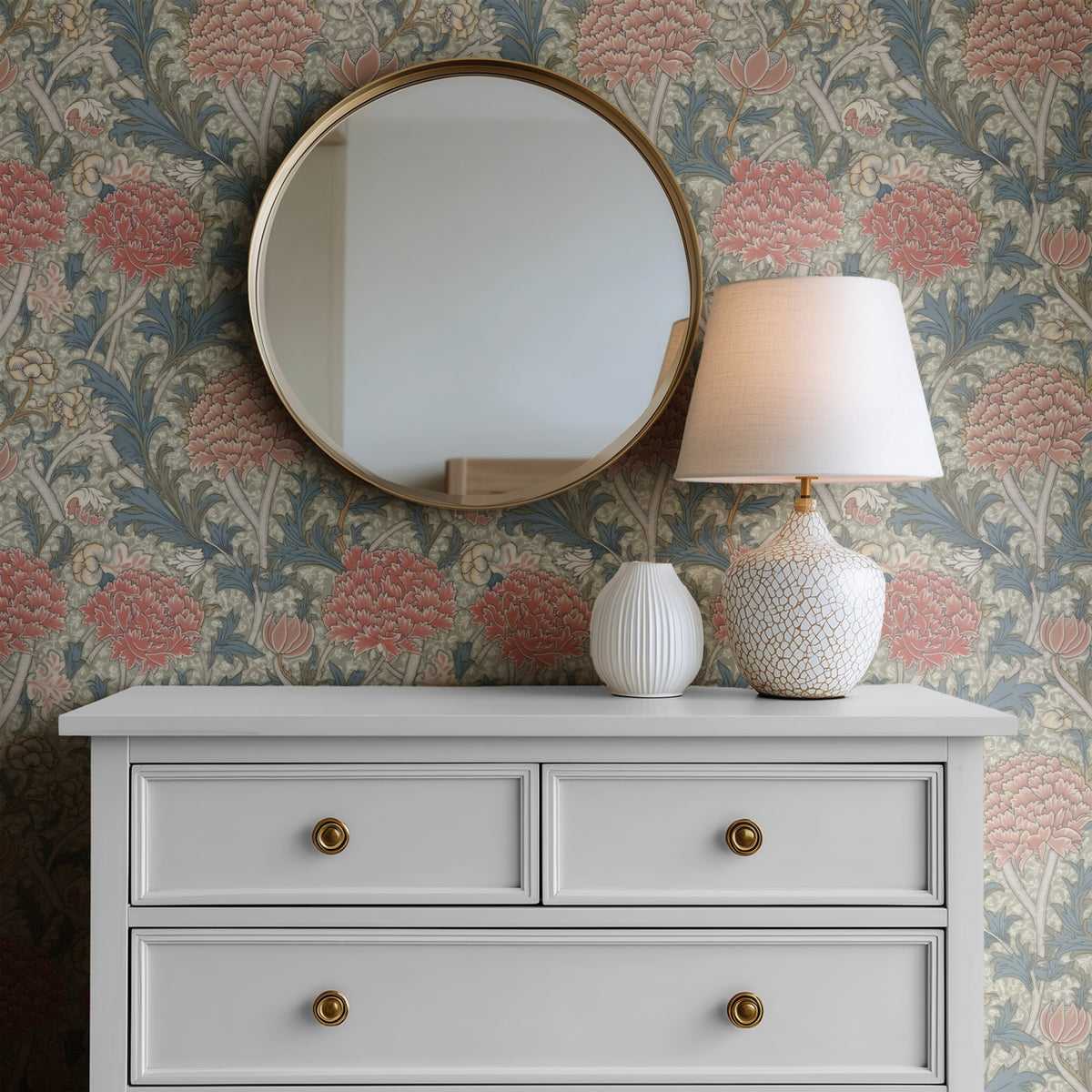 William Morris Cray Rose wallpaper on a wall — Mirror above Dresser scene