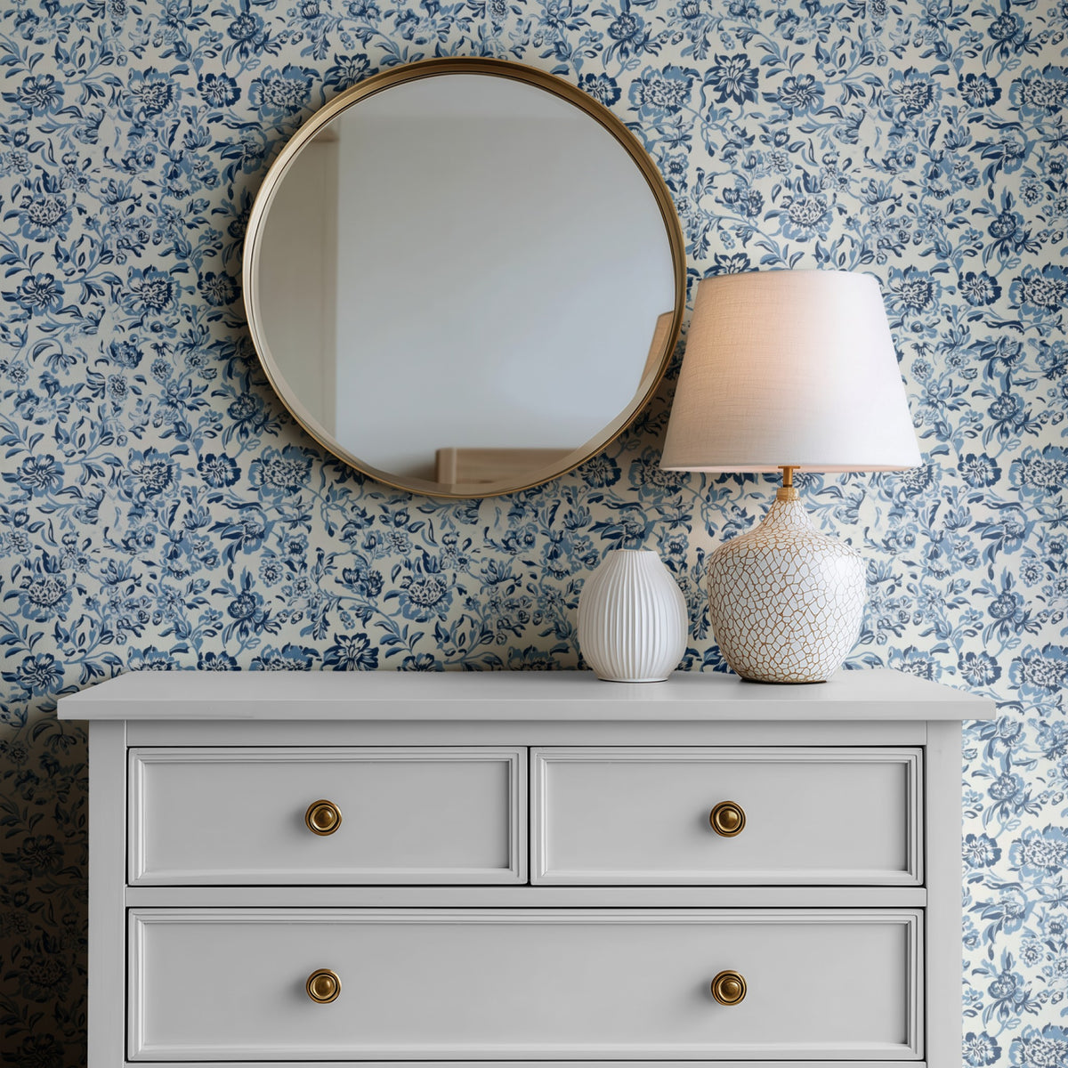 William Morris Loop Trail Delft wallpaper on a wall — Mirror above Dresser scene