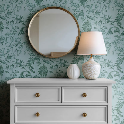 William Morris Spray Duck Egg wallpaper on a wall — Mirror above Dresser scene