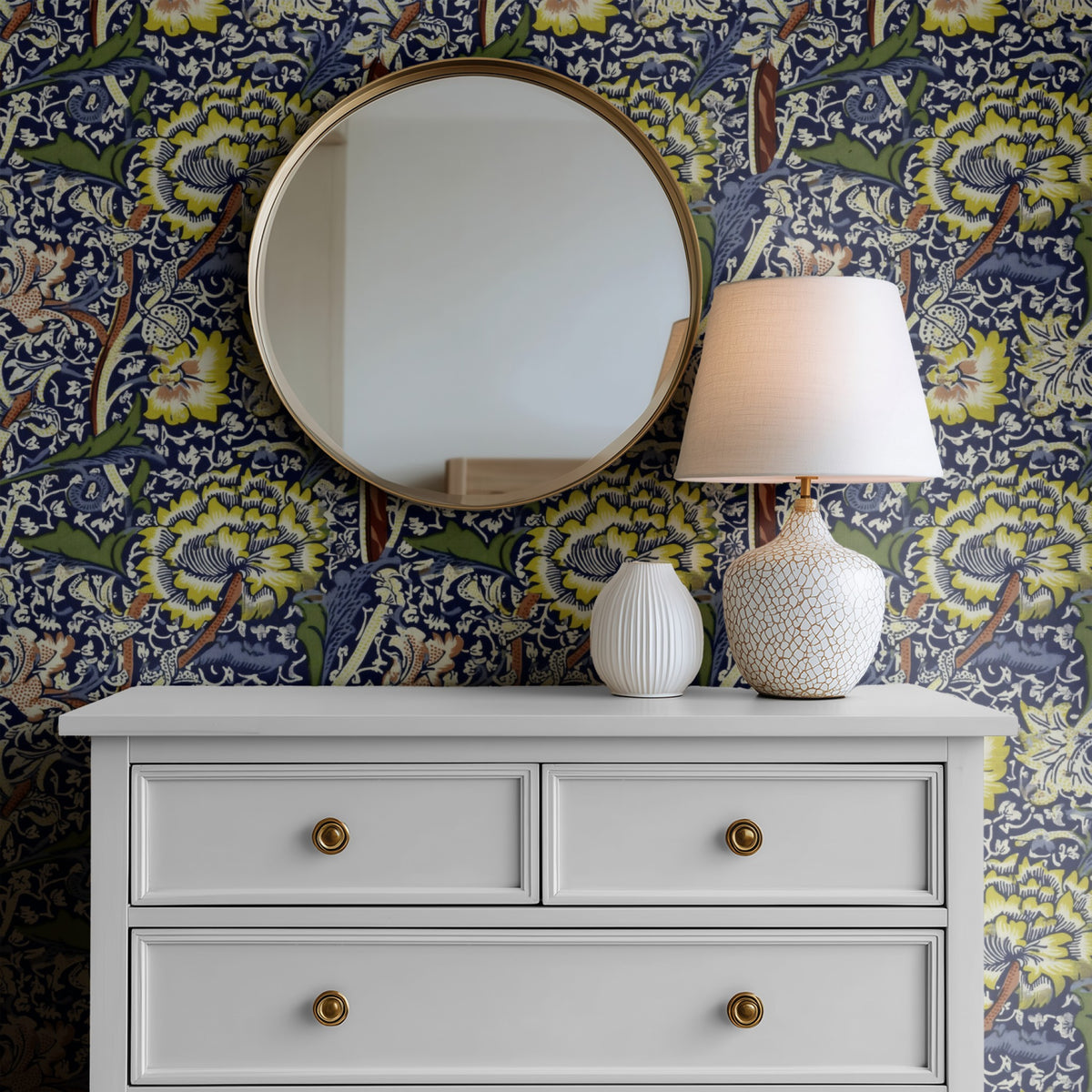 William Morris Wandle Navy wallpaper on a wall — Mirror above Dresser scene
