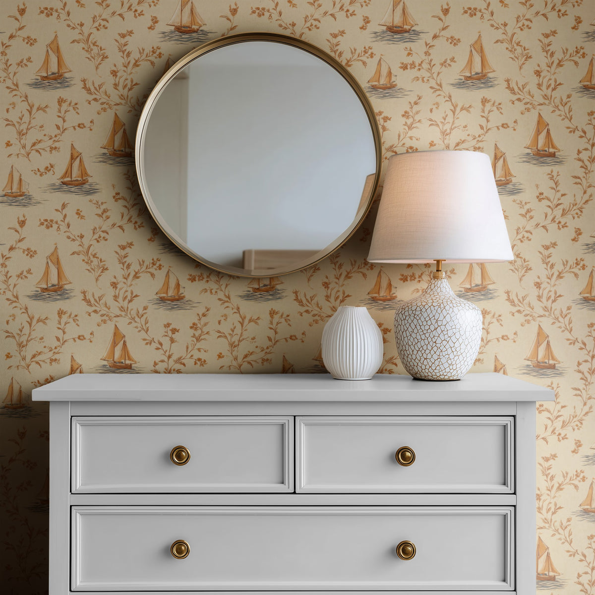 Regatta Sprig wallpaper on a wall — Mirror above Dresser scene