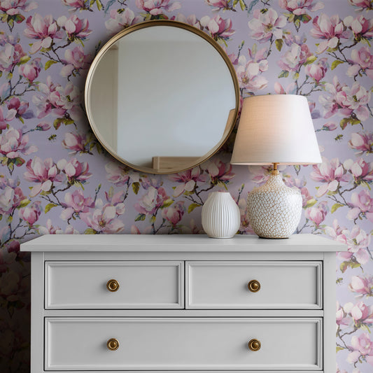 Bumble Magnolia wallpaper shown on a wall — Mirror above Dresser scene