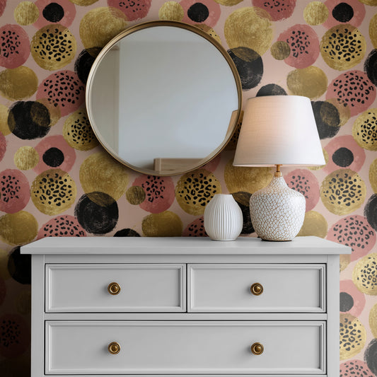 Leopard Confetti wallpaper shown on a wall — Mirror above Dresser scene
