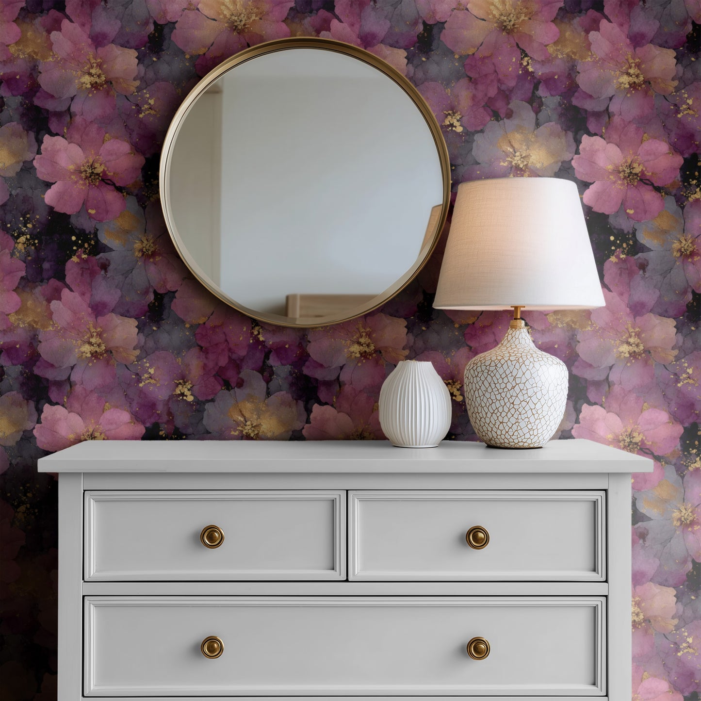 Midnight Blossom wallpaper shown on a wall — Mirror above Dresser scene