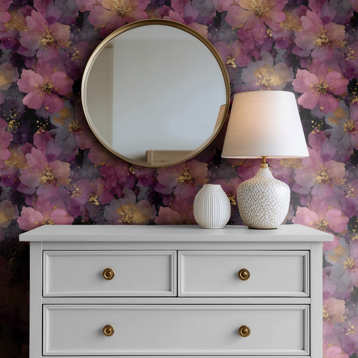 Midnight Blossom wallpaper shown on a wall — Mirror above Dresser scene