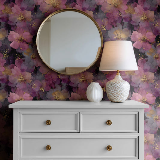 Midnight Blossom wallpaper shown on a wall — Mirror above Dresser scene