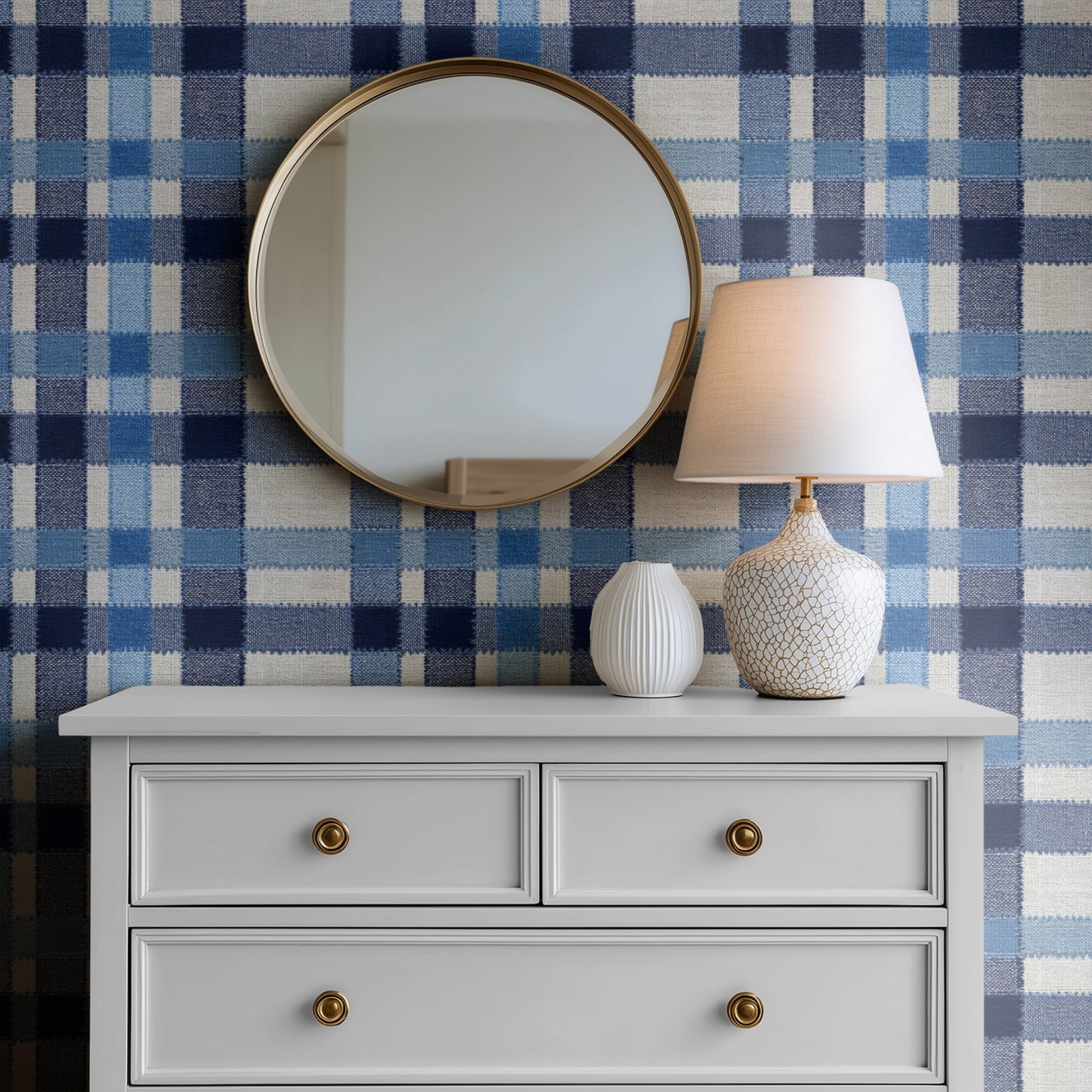 Woven Check wallpaper on a wall — Mirror above Dresser scene
