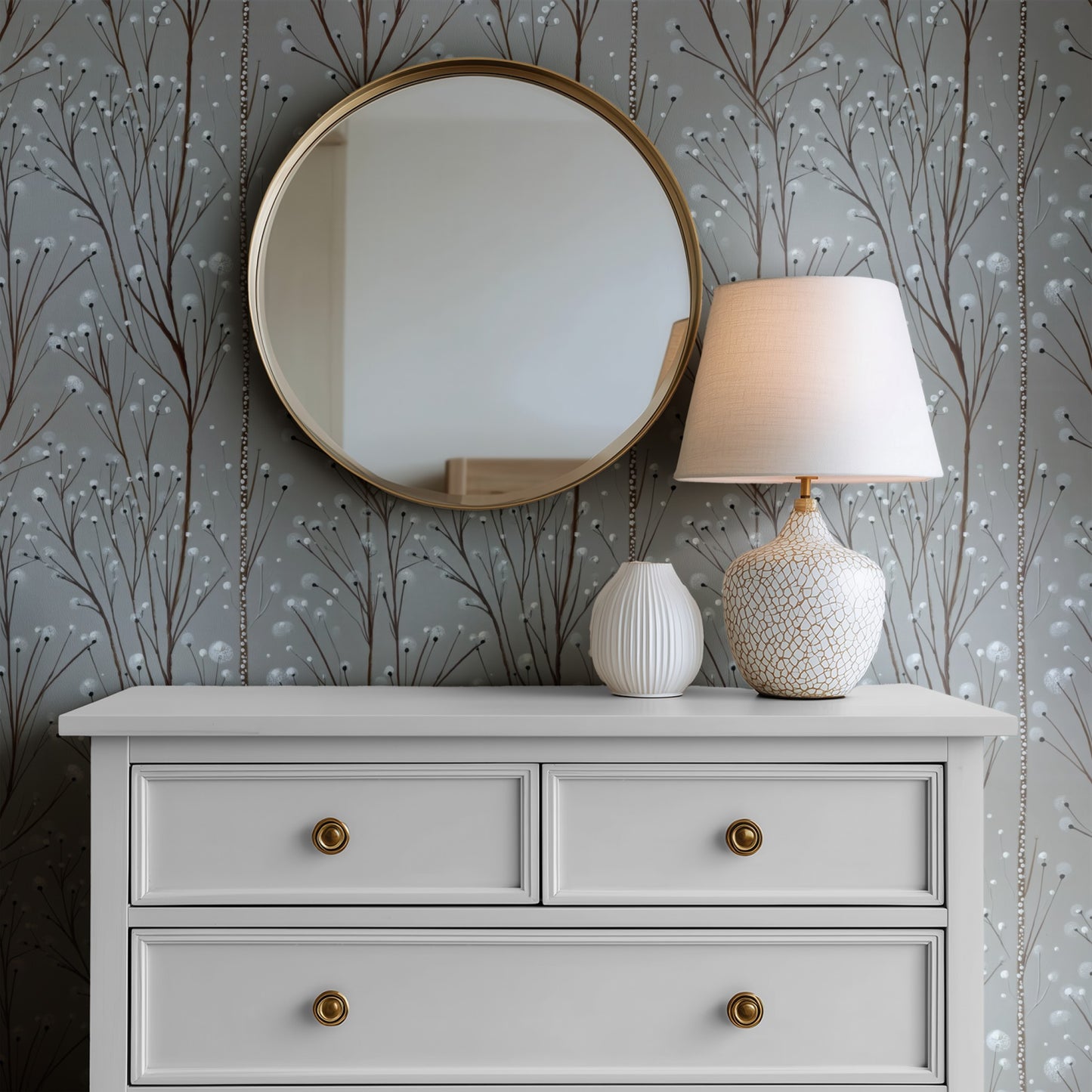 Winter Buds wallpaper on a wall — Mirror above Dresser scene