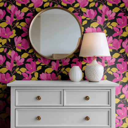 Fuchsia Magnolia wallpaper on a wall — Mirror above Dresser scene
