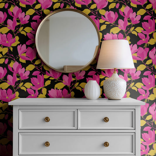Fuchsia Magnolia wallpaper on a wall — Mirror above Dresser scene