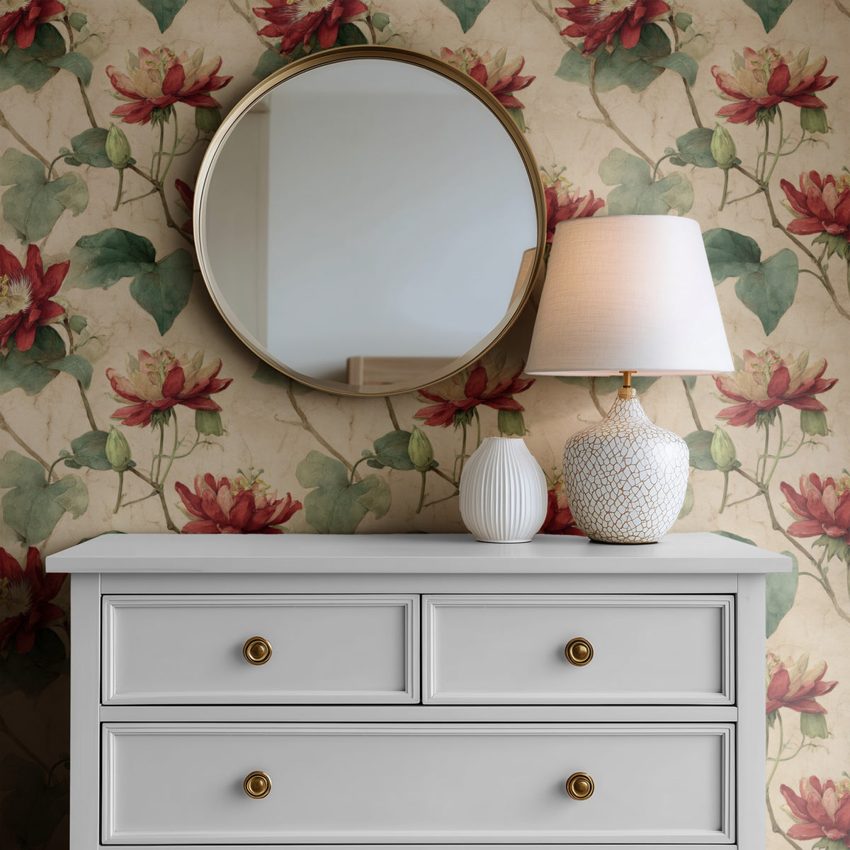 Scarlet Bloom wallpaper on a wall — Mirror above Dresser scene