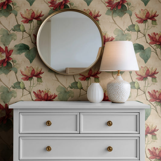 Scarlet Bloom wallpaper on a wall — Mirror above Dresser scene
