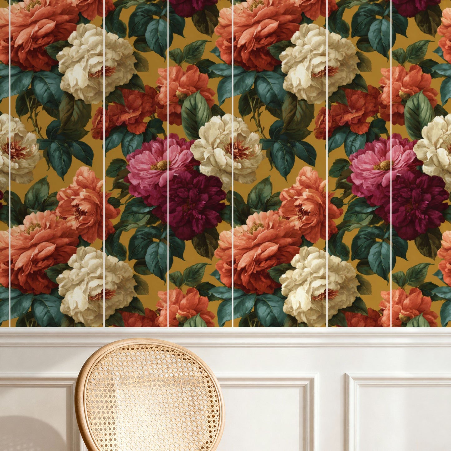 Camellia Toss wallpaper shown on a wall — p24a scene