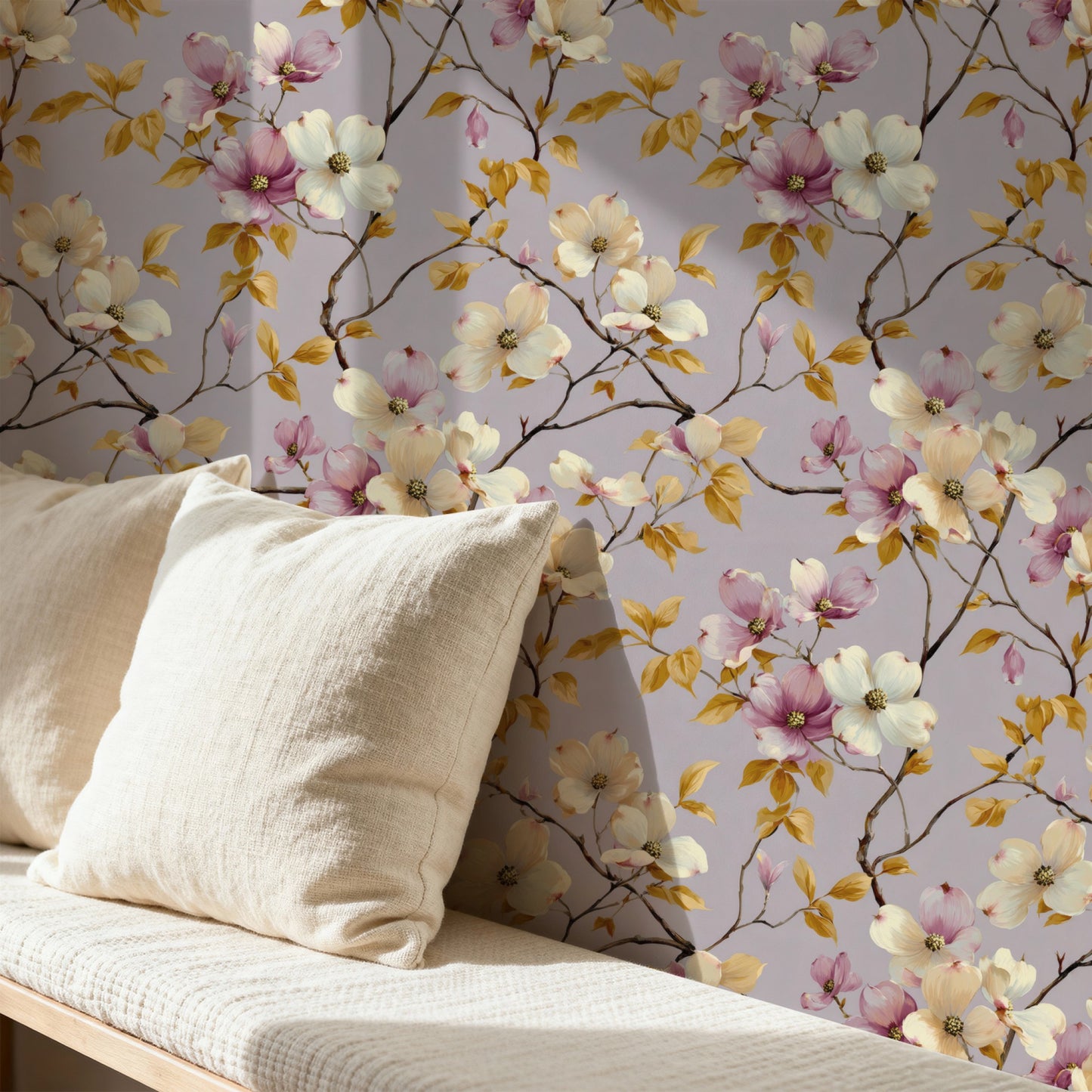 Gilded Dogwood wallpaper shown on a wall — p24b scene