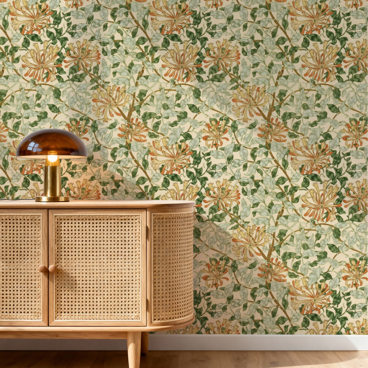 William Morris May Honeysuckle Ochre wallpaper on a wall — Pattern 20 scene